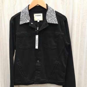 L’Agence, black denim jacket, clear jeweled collar